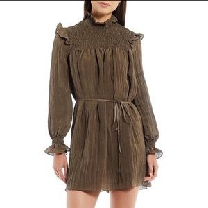 French Connection Dress Boza Crinkle Woven Mock Neck L/S Smocked Yoke Sz L NWT